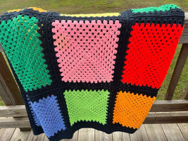 Vintage Couch Throw Blanket Granny Square Multicolored Afghan 84x60 Roseanne - $34.98