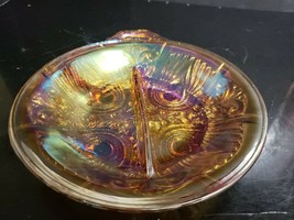 Vintage Indiana Iridescent Amber Carnival Glass KILLARNEY 8&quot; Divided Rel... - $8.42