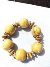 Chunky Light Cream Blonde Balls And Medium Brown Wood Beads Stretch Bracelet - £3.92 GBP