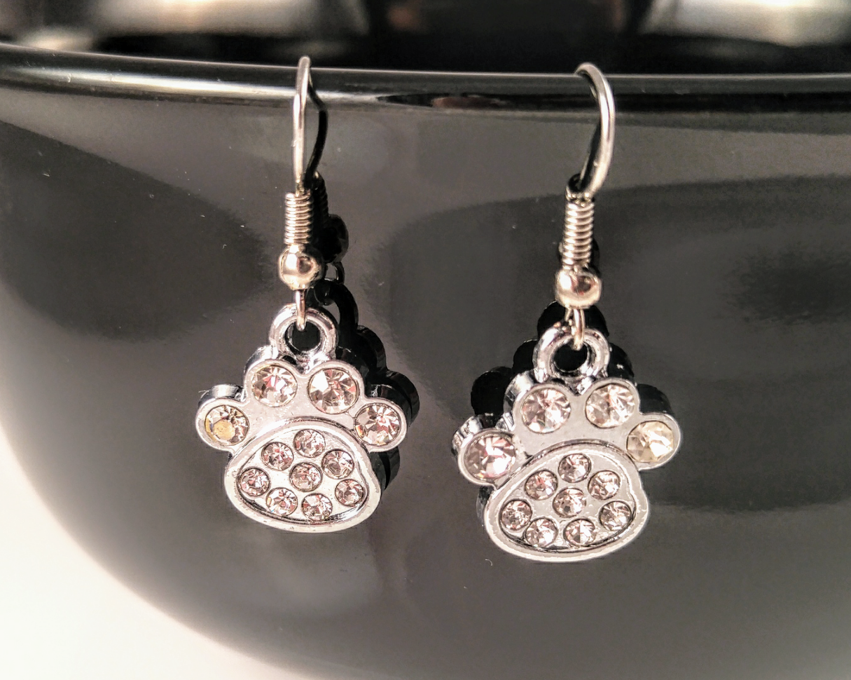 Paw Print Rhinestone Sterling Silver Earrings