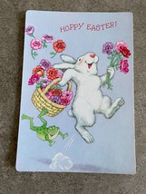 Hallmark Postcard Bunny Frog &amp; Flower Basket Happy Easter Card Vintage 1980&#39;s  - £3.77 GBP