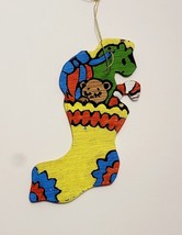 Vintage 1960s Christmas Ornament Stocking 4.5&quot; Handmade Hand Painted Wood - £16.25 GBP