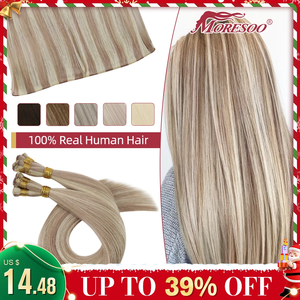 Tied weft hair extensions 100 virgin human hair straight invisible brazilian blonde sew thumb200