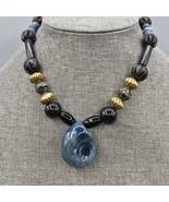 Artisan Necklace Ceramic Nautilus Blue Glazed Beaded Chain Boho Wood Acr... - $475.79 MXN