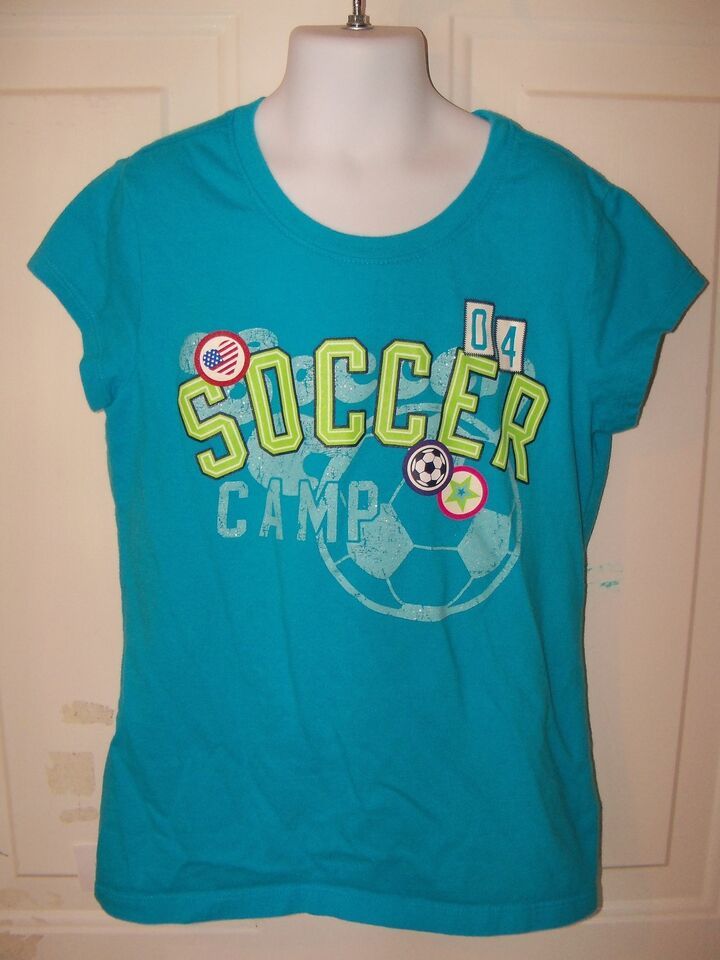 JUSTICE BLUE SOCCER CAMP TSHIRT SIZE 10 GIRL'S EUC - $14.60