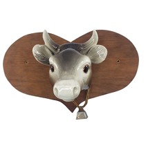Cow Bull Head Wall Hanging Plaque Grey Bell Kitschy Farm Decor Heart - $140.24