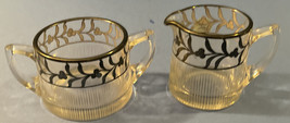 Vintage Creamer Set - 2 Pcs Clear Glass With Black Floral Design - $18.70