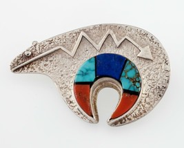 Vintage Navajo Spirit Ours Broche Avec Multicolore Incrusté Main Fabriqué Argent - £132.20 GBP