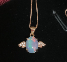 Fire Opal Necklace Angel Pendant Heart Necklace Healing Wings Pendant - £77.87 GBP
