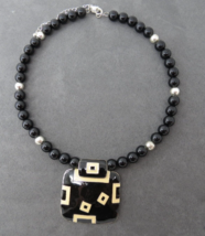 80s Beaded Necklace on Wire Black Cream Enamel Pendant Silver Tone Spacers 20&quot; - £8.11 GBP