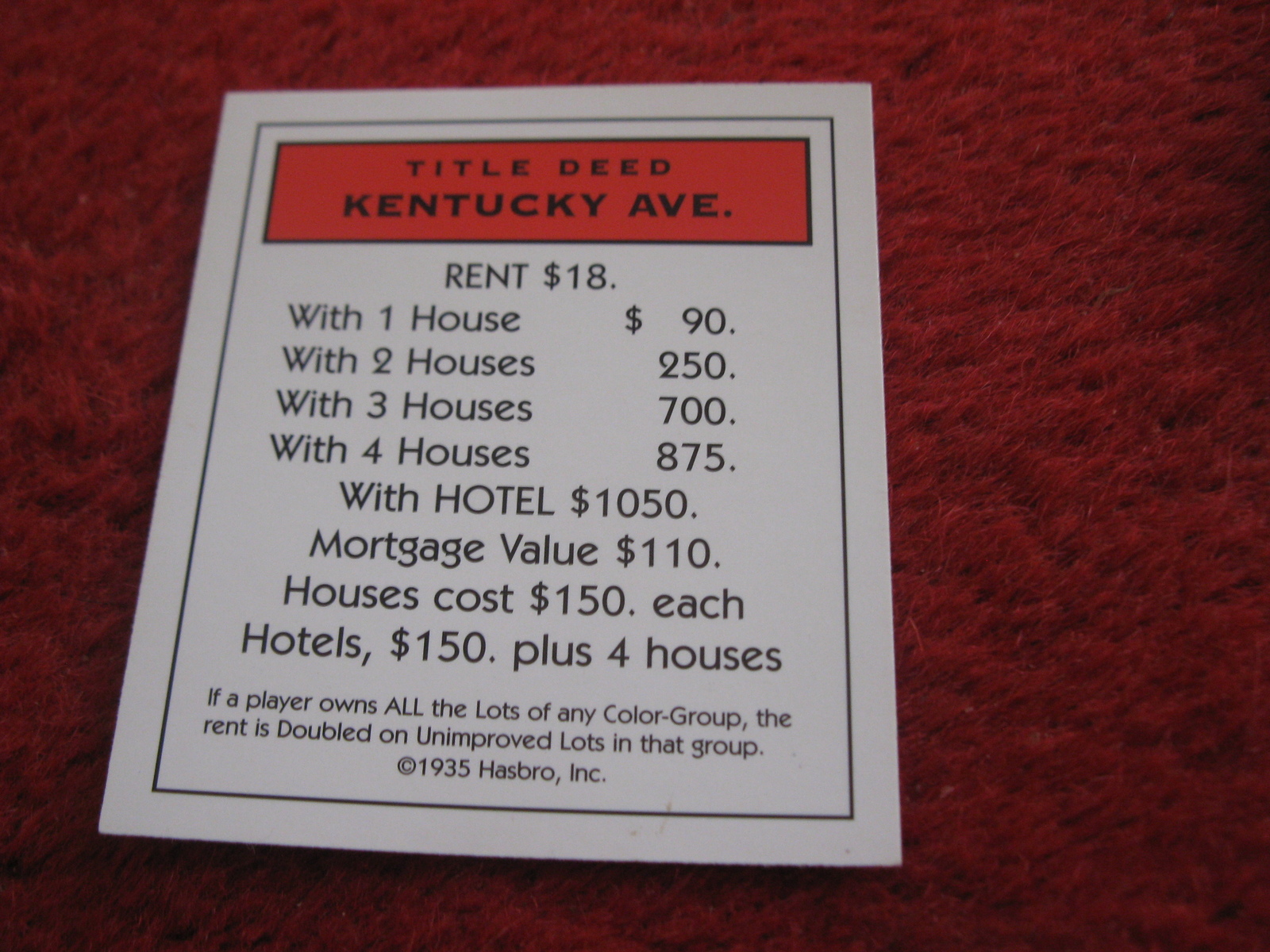 Primary image for 2004 Monopoly Board Game Piece: Kentucky Title Deed