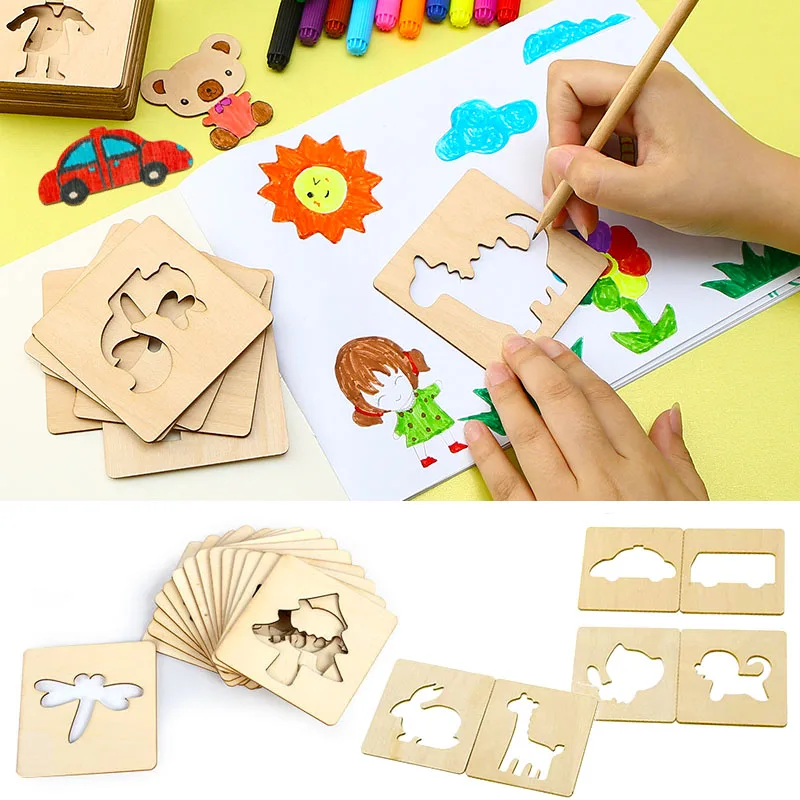 20Pcs Kids Wooden Drawing Stencils Kit DIY Decor Reusable Educational Toys - £7.23 GBP+