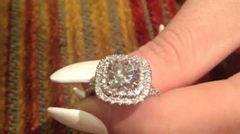 2CT Women&#39;s Halo Cushion Simulated Diamond Wedding Ring 14K White Gold Plated - £55.38 GBP
