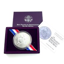 1993 1 Oz. Silver Benjamin Franklin Firefighter Medal w/ Box and Papers - $125.46
