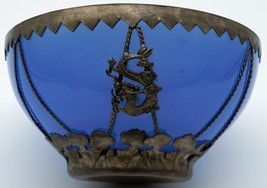 Translucent Blue Peking Glass Bowl in Handmade Signed Metal Holder with ... - $64.99