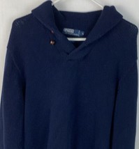 VIntage Polo Ralph Lauren Sweater Collar Cotton Knit Button Navy Blue Large - £30.91 GBP