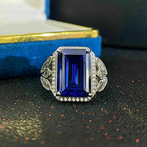 4.96 Ct Emerald Cut Blue Sapphire Simulated  Ring 925 Silver Gold Plated - £87.31 GBP