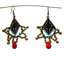 Boho Red Coral Edgy Pointy Star Brass Earrings - £7.58 GBP