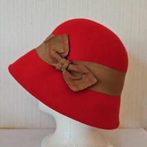 Peter Grimm Wool Cloche Hat Red Womens One Size Grosgrain Bow Wide Brim Hat Band - £20.91 GBP