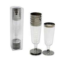 12 Pc Champagne Flute Wedding Party Plastic Silver Rimmed Disposable Wine Glass - £12.46 GBP