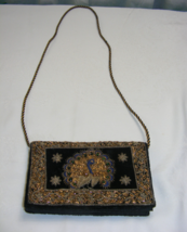 Vintage Black &amp; Gold Velvet Purse Handbag Embroidery Peacock Shoulder Co... - $601.48 MXN