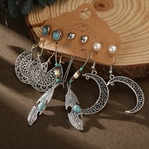17KM New Ethnic Beads Drop Earrings Set For Women 6Pcs/Set Fearther Acrylic Meta - £7.86 GBP
