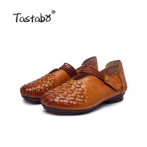Tastabo Leather Handmade Women Shoes Woven upper Caramel Brown S2608 Simple Flat - £82.36 GBP