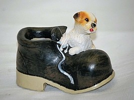 Old Vintage Resin Black Child&#39;s Boot w Puppy Dog Climbing Curio Shadowbox Decor - £13.44 GBP