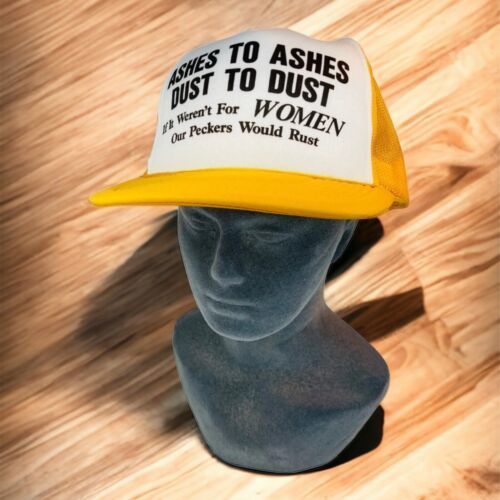 Primary image for Ashes To Ashes Women Sexist Novelty Trucker Hat Yellow Meshback Funny Gag Vtg