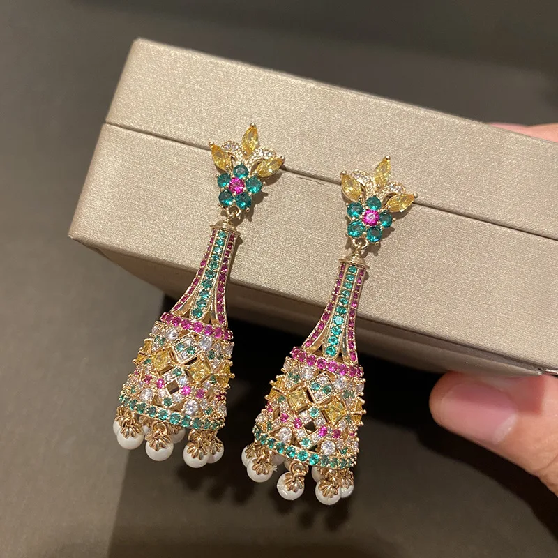 Luxury Rhinestone Indian Jhumka Gold Color Beads Long Drop Dangle  Earrings Boll - £40.63 GBP