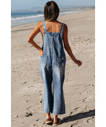 Stone Blue Distressed Bib Pocket Wide Leg Denim Overall - $39.93