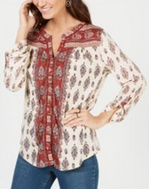 Style &amp; Co Printed Button-Neck Top, White, Size Medium - £12.18 GBP