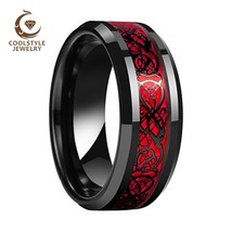 8MM Black Wedding Band Men Women Tungsten Wedding Band Ring With Red Opal And Bl - £21.29 GBP