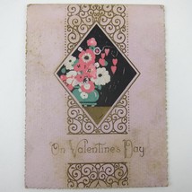 Antique Valentines Day Card Pink &amp; White Flowers Green Vase Gold Accent Art Deco - £4.77 GBP
