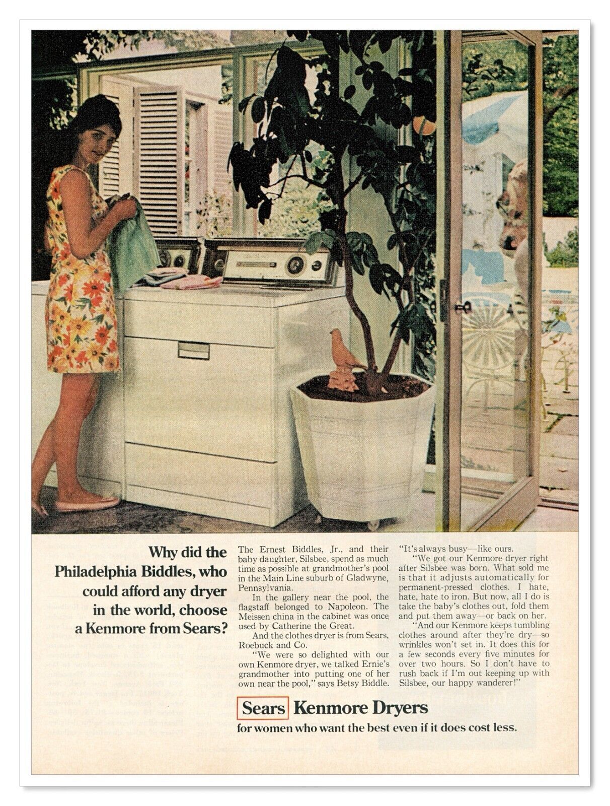 Primary image for Sears Kenmore Dryers Philadelphia Biddles Vintage 1968 Full-Page Magazine Ad