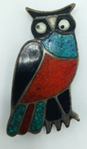 Silver and Chip Inlay Owl Blue/Red Turquoise, Onyx Google Eyes Fridge Ma... - $15.83