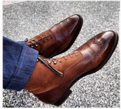 Handmade Men&#39;s Brown Cowhide Leather &amp; Suede Wingtip Lace up Ankle High Boots - £125.80 GBP