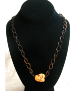 Vintage Copper Toned Black Hue Chain Necklace Orange Stone Pendant 15-w - $34.64