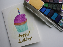 Handmade happy birthday card - cupcake w/candle- watercolor card $4 - £3.14 GBP