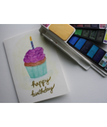 Handmade happy birthday card - cupcake w/candle- watercolor card $4 - £3.12 GBP