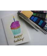 Handmade happy birthday card - cupcake w/candle- watercolor card $4 - $4.00