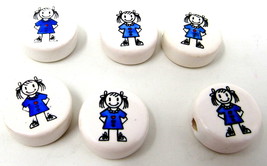 6 Little Girl Ceramic Beads 1&quot; Disc Peru Horizontal Hole Family Children... - $9.89