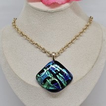 Signed Vintage Dichroic Glass Pendant Gold Tone Chain Necklace Black Green Blue - $24.95