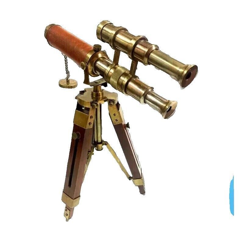 Antique Brass Telescope With Wooden Tripod - 9 Inch Desktop Spyglass Vintage Decor