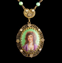 Antique PORTRAIT necklace- Victorian handpainted French beauty - peking glass be - £371.70 GBP