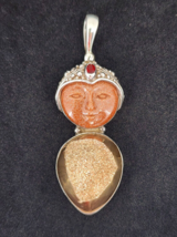 SAJEN Sterling Silver 925 Goddess Carved Druzy Pyrite Goldstone Pendant Face - £79.13 GBP