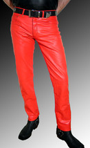 Leather Pants Men Pant Trousers Slim Biker Fit Men&#39;s Jeans Style Real Red 22 - £98.25 GBP