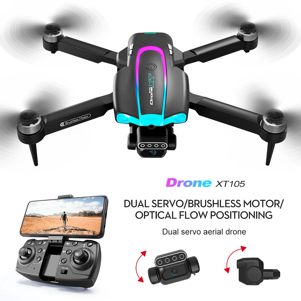 XT105 Rc Drone 2.4G Wifi Fpv Two Axis Pan 4K Hd Dual Camera Obstacle Brushle - £52.53 GBP+