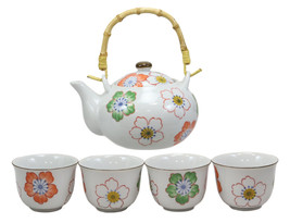 Japanese Design Colorful Botanic Floral Porcelain White Tea Pot And Cups Set - £24.48 GBP