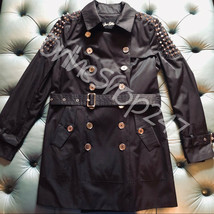 New Woman Black Silver Studded Button Punk Rock Style Biker Leather Trench Coat - £199.83 GBP